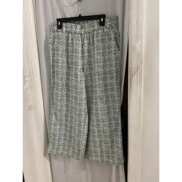 Talbots Green White Linen Blend Medallion Pant Set Sz L Wide Leg Pants Resort